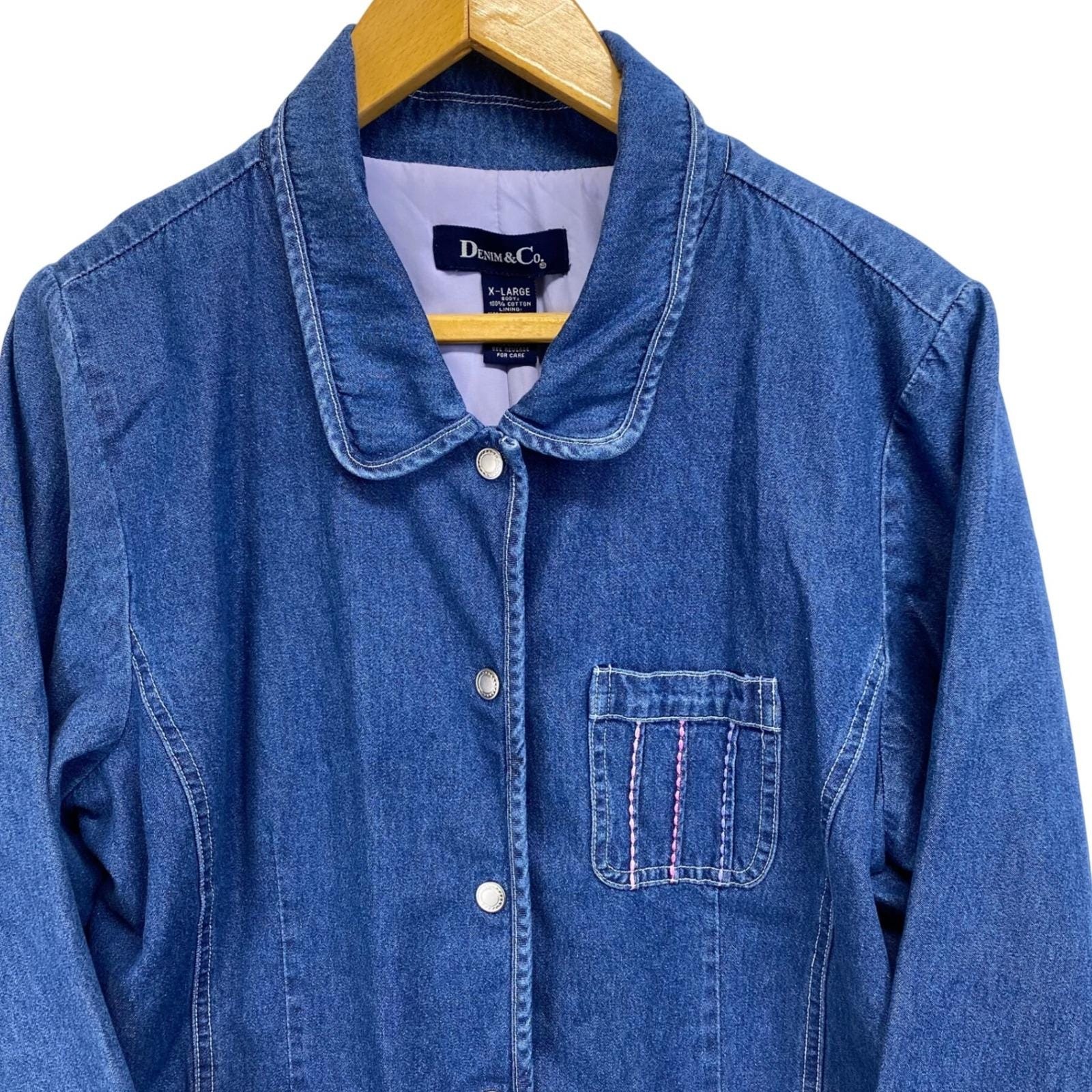 Denim & Co Women's Blue Denim Jacket With Pink Embroidery X Large Vintage 90's